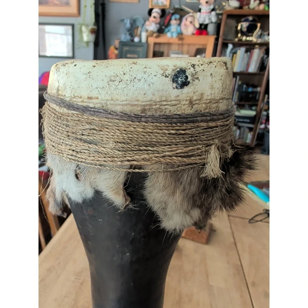 Kundu Tribal New Guinea Wood Drum Fur Trim Drum Head Needs Tightening
